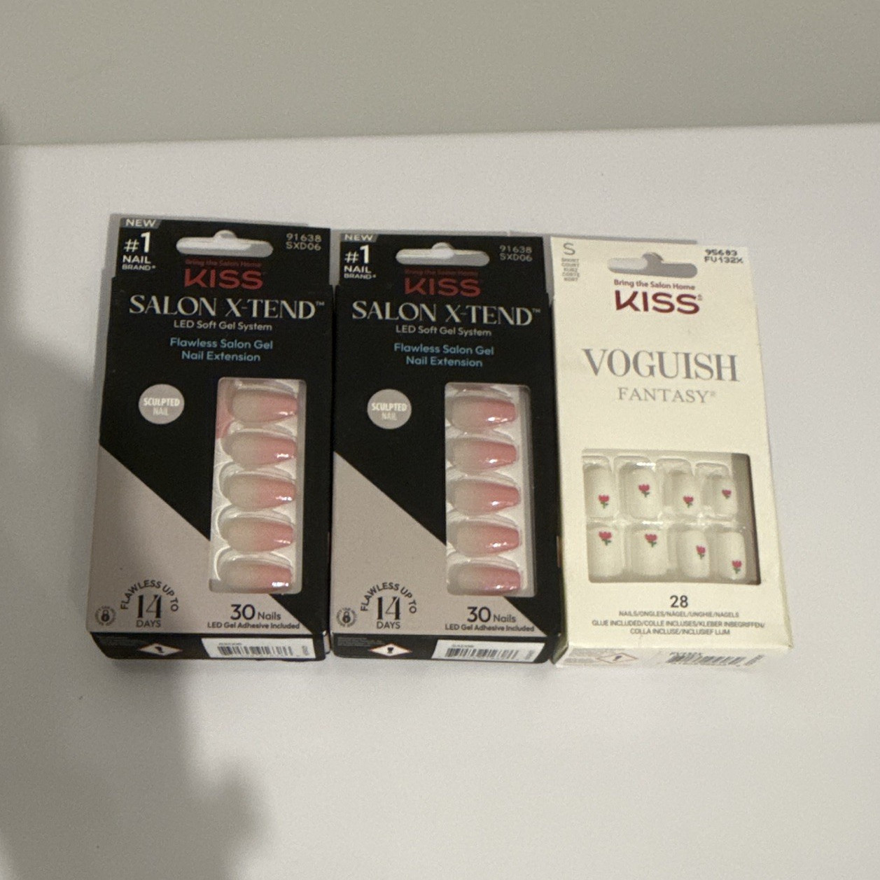 KISS Press-On Nails Lot of 3 Ombre Pink/White Floral Pre-Designed Nail Art