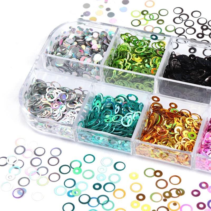 12Grids Colorful Glitter Hollow Circle Design Nail Art Sequins 3D Nails Stickers
