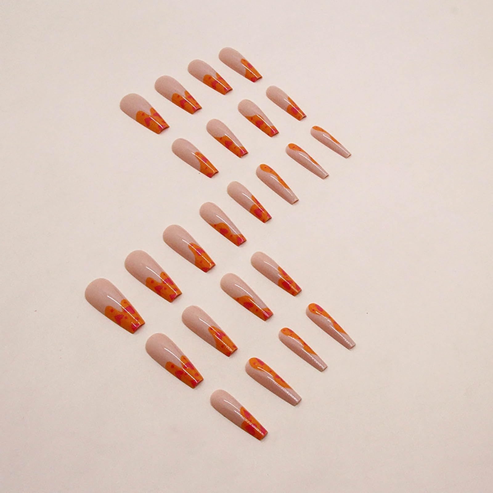 Orange Pink Heart Print Long Coffin Press On Nails