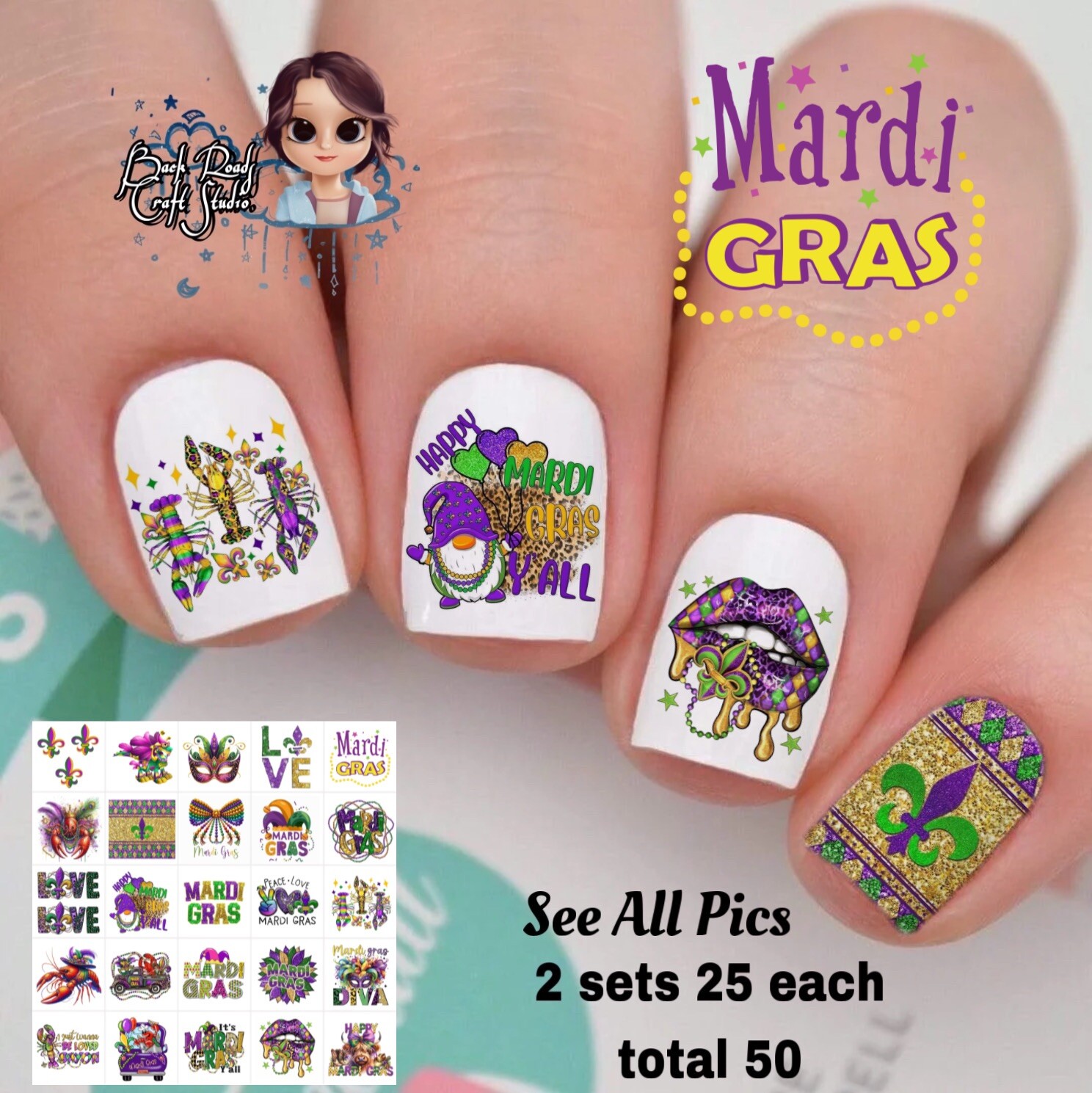 Mardi Gras Waterslide Nail Art Decals Set Of 50, Instructions Bonus
