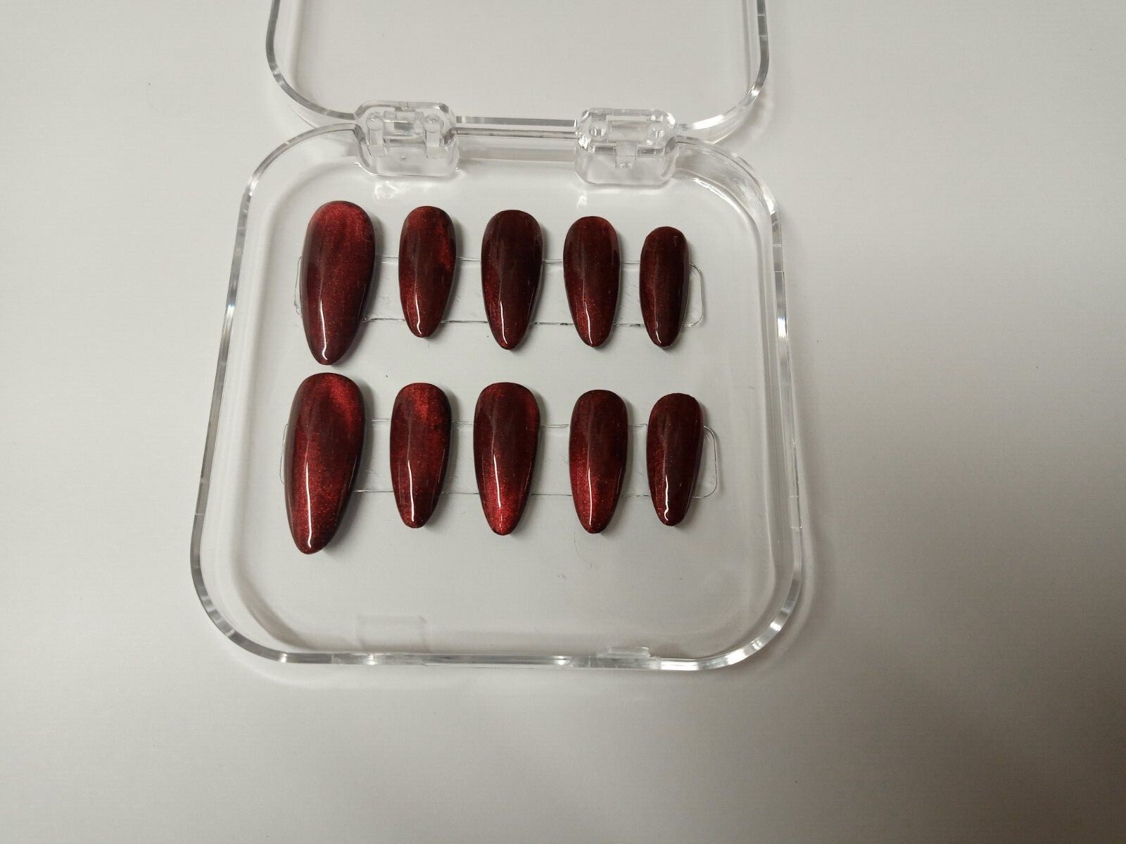 Handmade Press on Nails, Black+ Metallic Red Color, Cat Eye “Pick “.