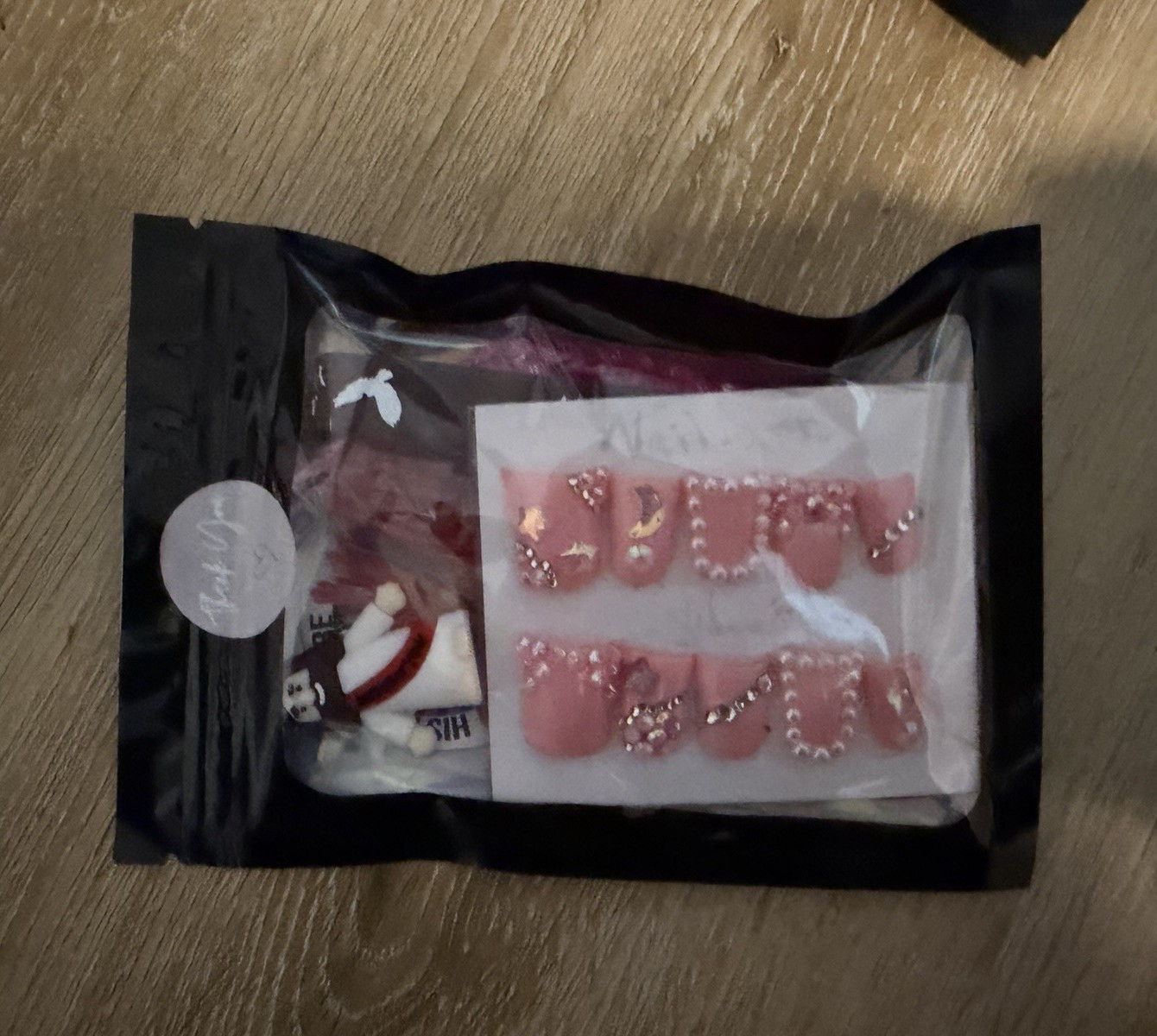 Pink Short Square Acrylic Full Cover 3D Shiny Rhinestone Press-On Nails