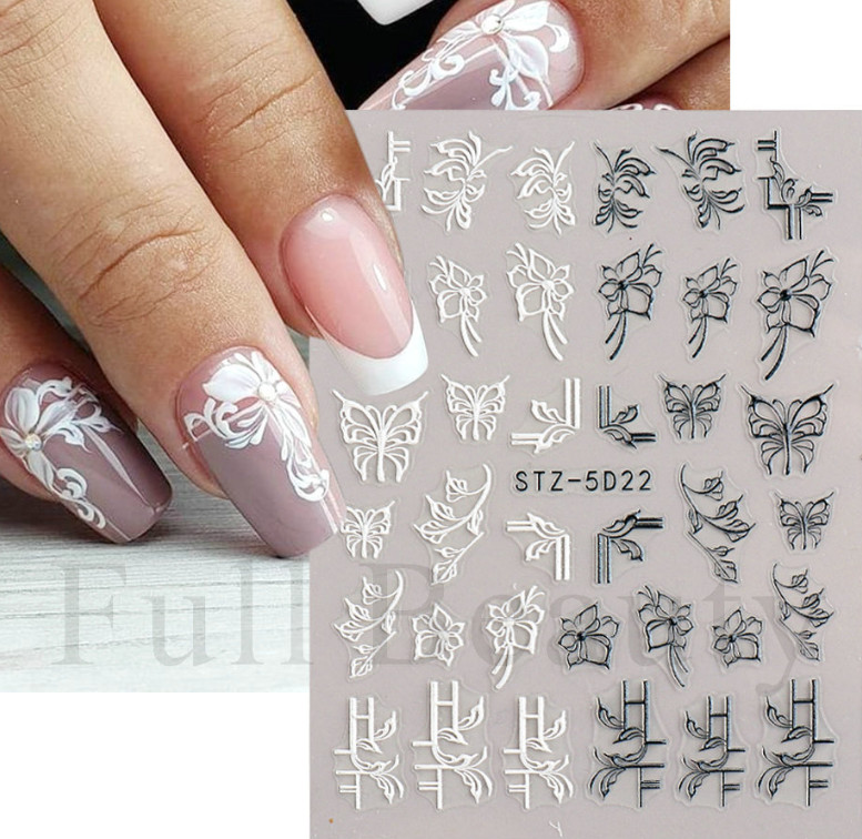 Black White 5D Embossed Rose Flowers Heart Leaf Nail Stickers Sliders Manicure