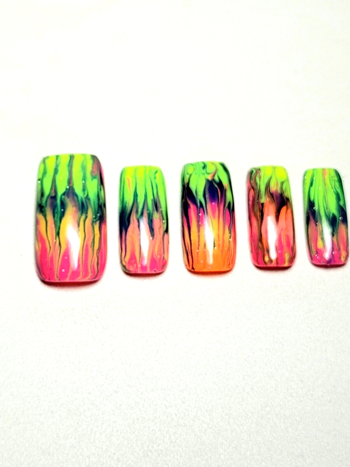 Custom Gel Press on Nails fake nails Handmade 10 pc set LARGE Neon Rainbow