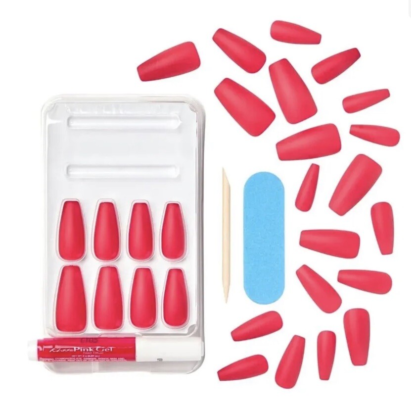 KISS Gel Fantasy Matte RED Gel Nails Long Coffin Glue-On Nails SCULPTED 86762