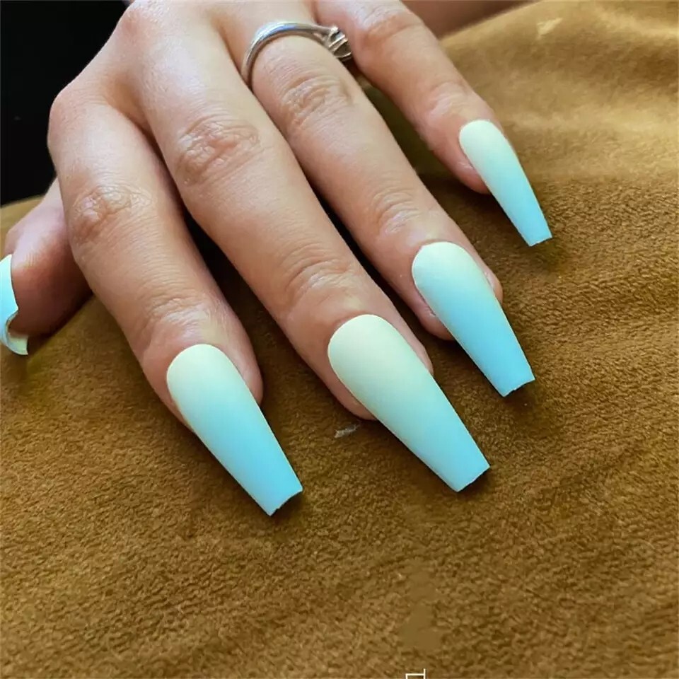 24 Matte ombre Blue Green Press on nails kit w glue bright pale
