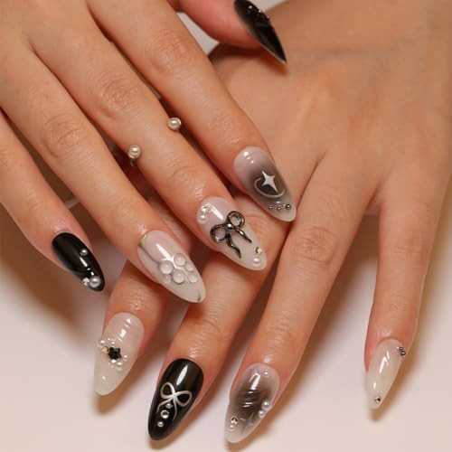 Black Press on Nails Medium Almond Fake Nails with 3D Alloy Bow Pearl Designs