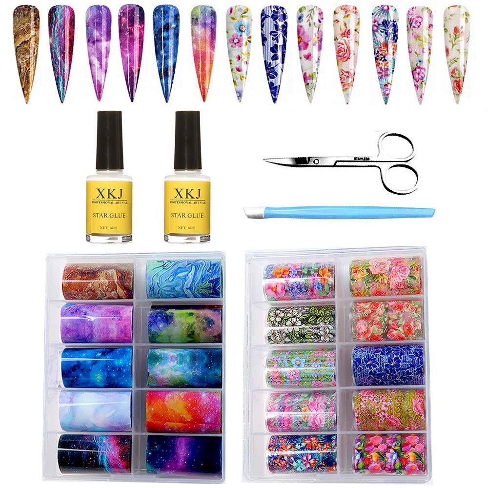 20 Color Starry Sky Stars Nail Art Foil with Nail Glue, Holographic Nail Art Tra