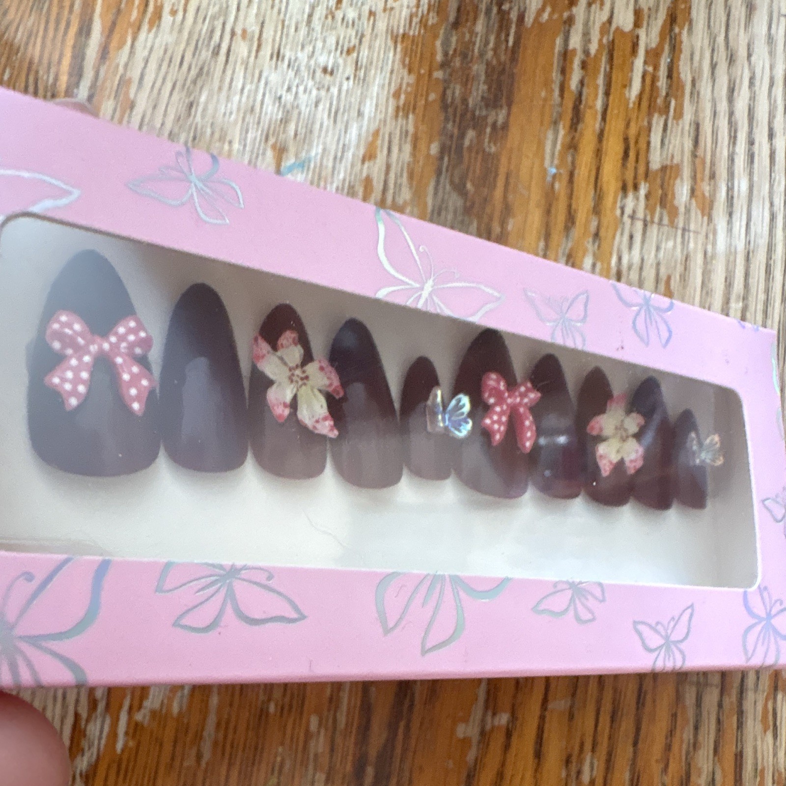 Burgundy 3D Bow Flower Pre-Designed Full Cover Press-On Nails Medium Almond