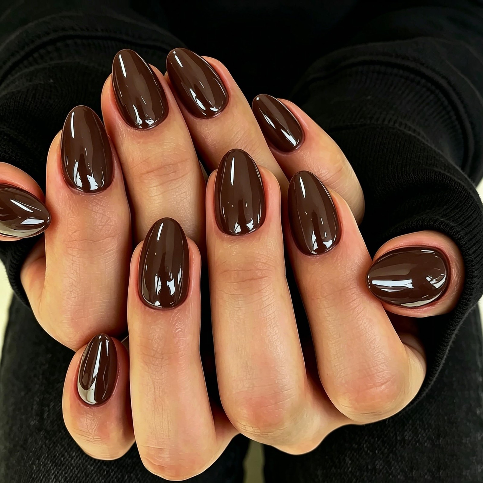 KQueenest Chrome Press On Nails Short Oval, 32 Pcs Glazed Coffee Brown Fake N…