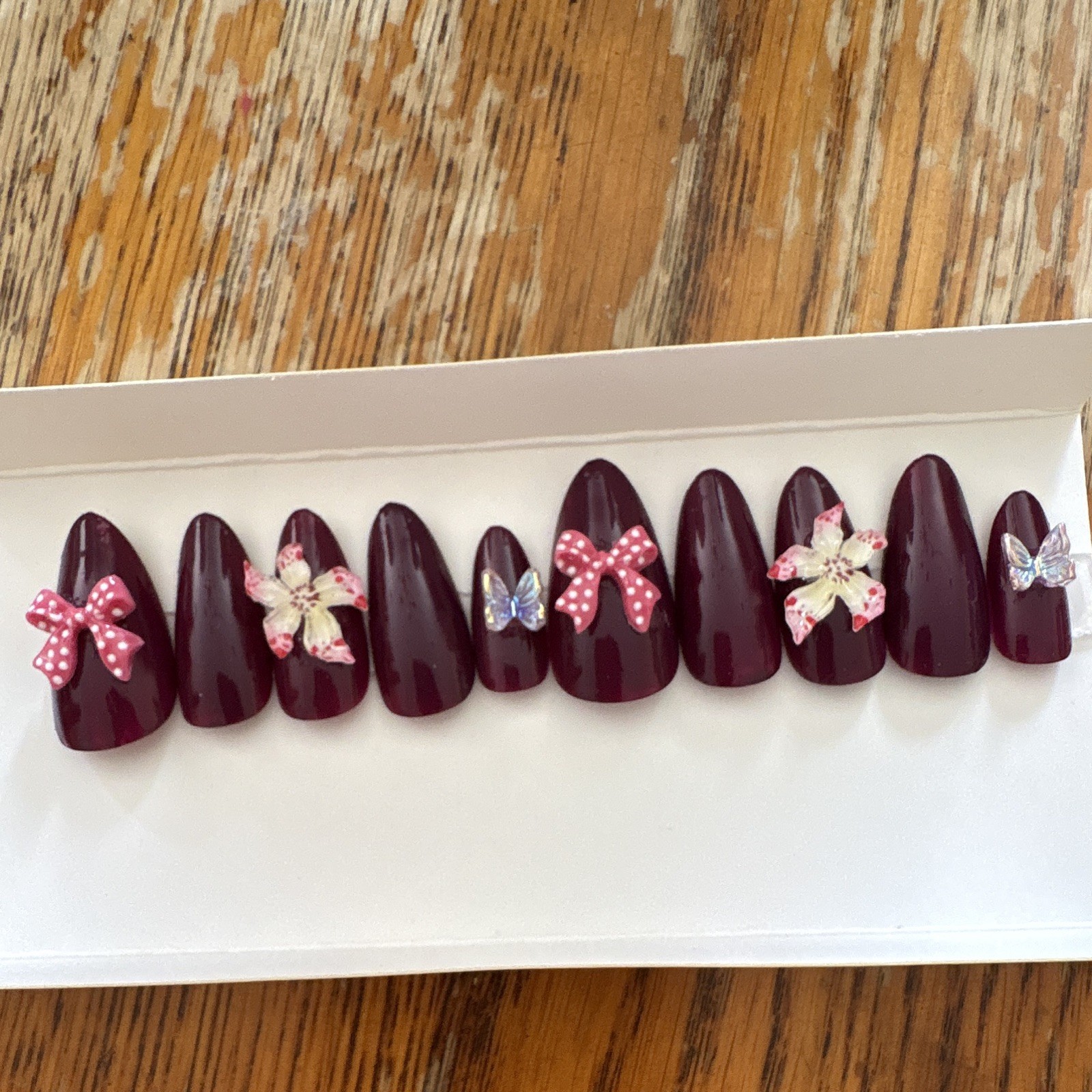 Burgundy 3D Bow Flower Pre-Designed Full Cover Press-On Nails Medium Almond