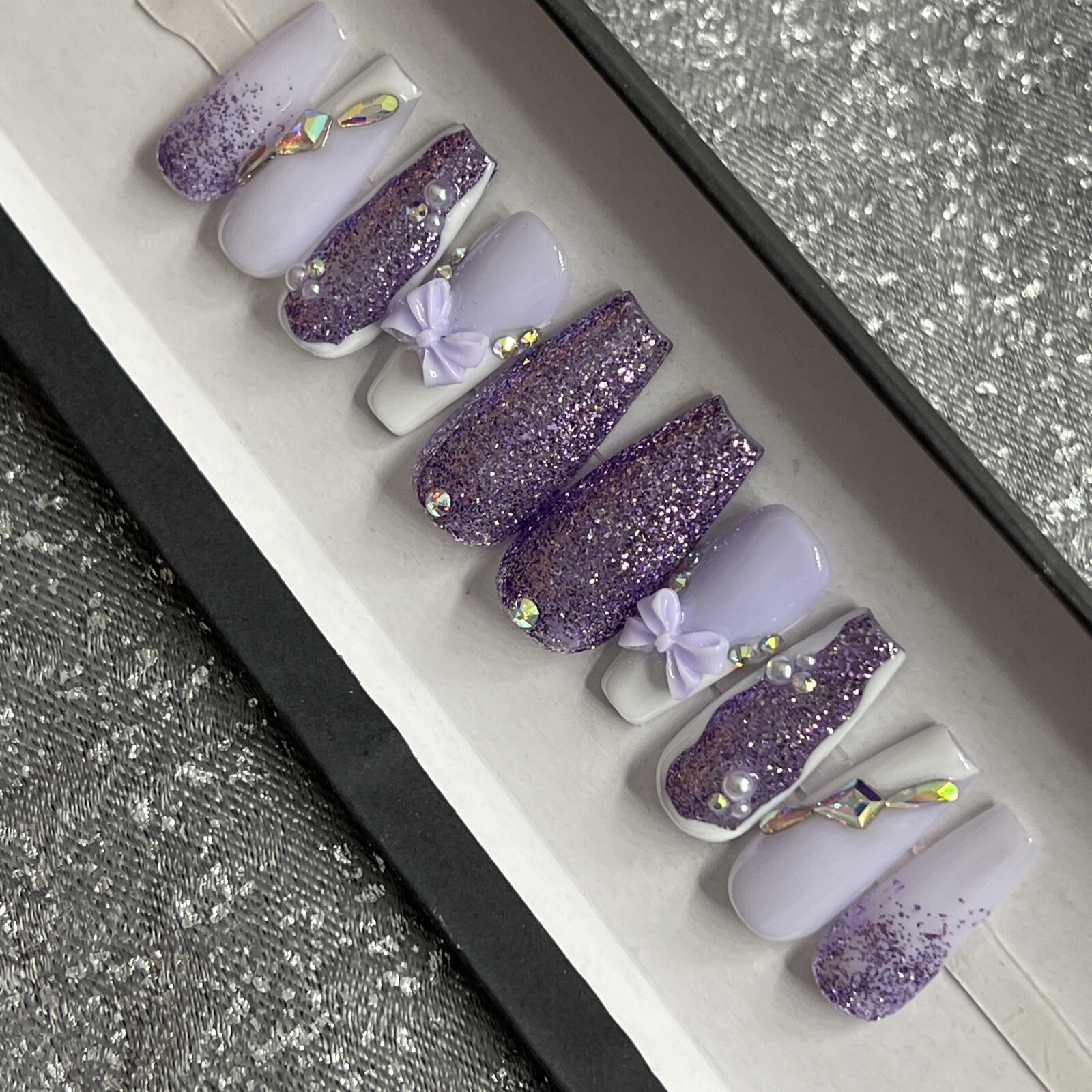 🤍 CUSTOM Hard Gel Press On Nails, Purple BLING 10p Set MED COFFIN NEW Kit