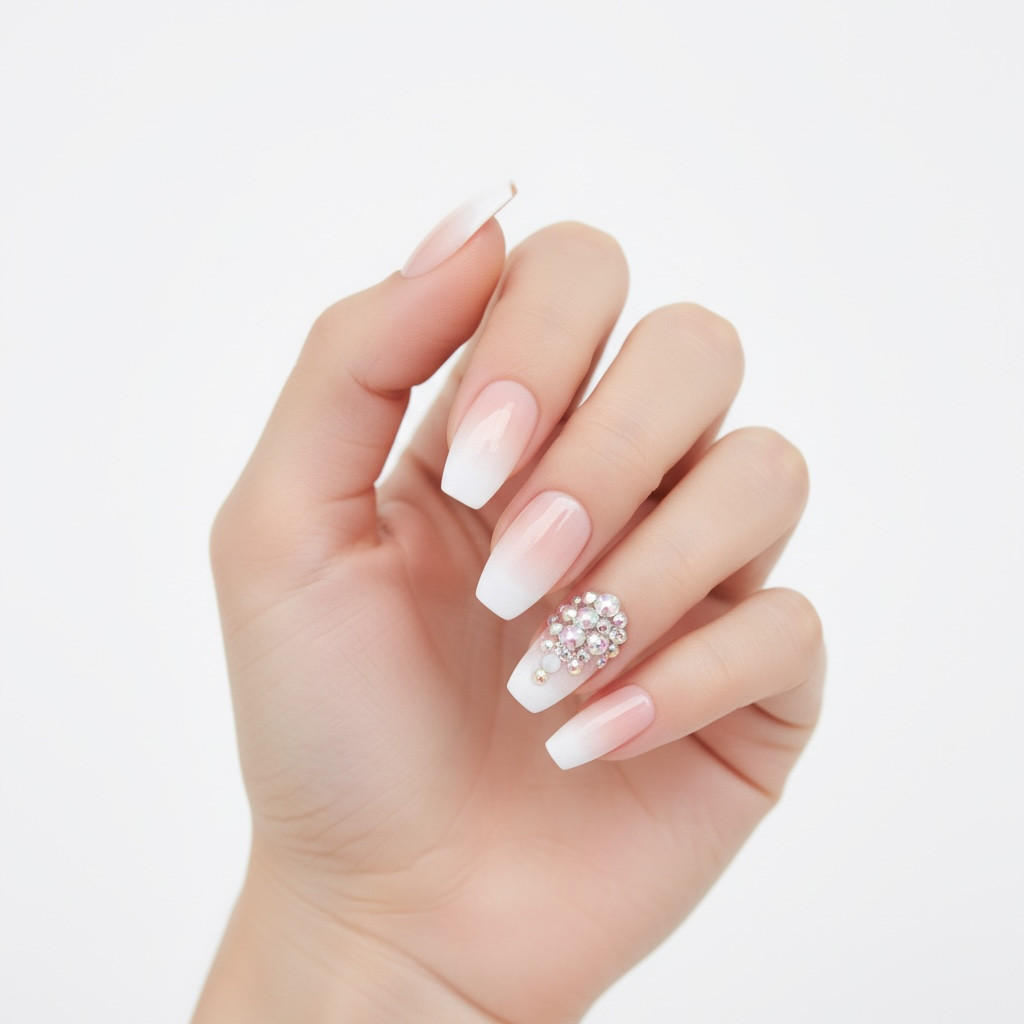 Nude Pink White Ombre French 3D Crystal Press On Nails Long Coffin Fake Nails