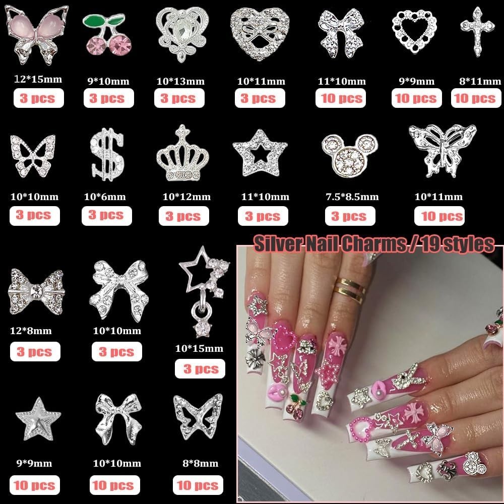 106 Pcs Nail Charms and Gems Silver Nail Charms Nail Rhinestones for Nails Desig