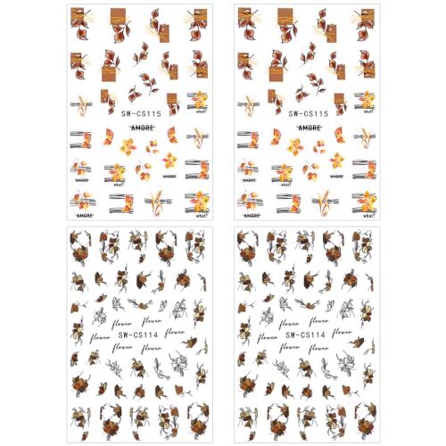 4 Sheets 3D Fall Nail Stickers,Autumn Leaf Flower Nail Art Stickers Fallen