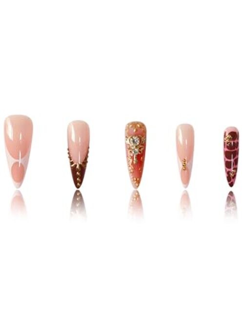 Long Press on Nails Almond Fake Nails with Gold Detail Nude and Burgundy 2