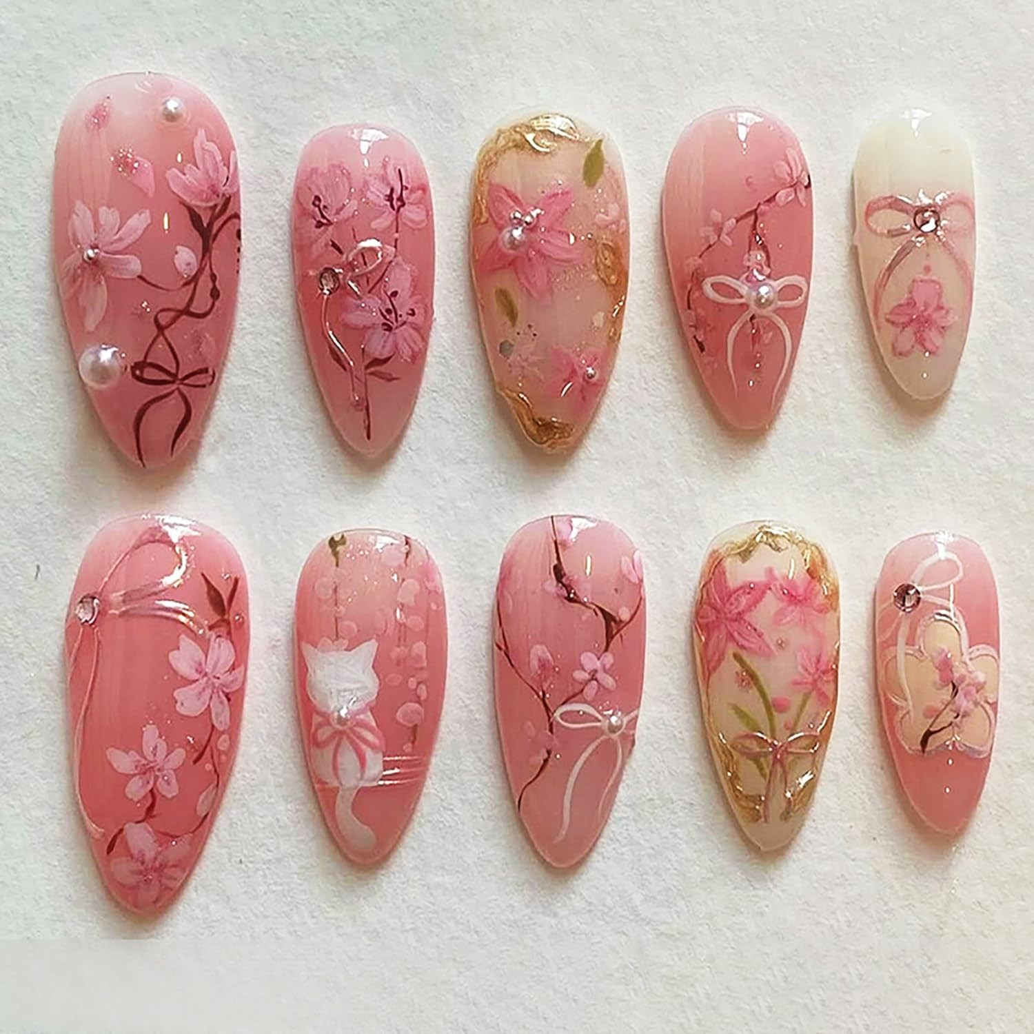 30Pcs Pink Flower Press on Nails – Gorgeous Almond Shape with Bow Design