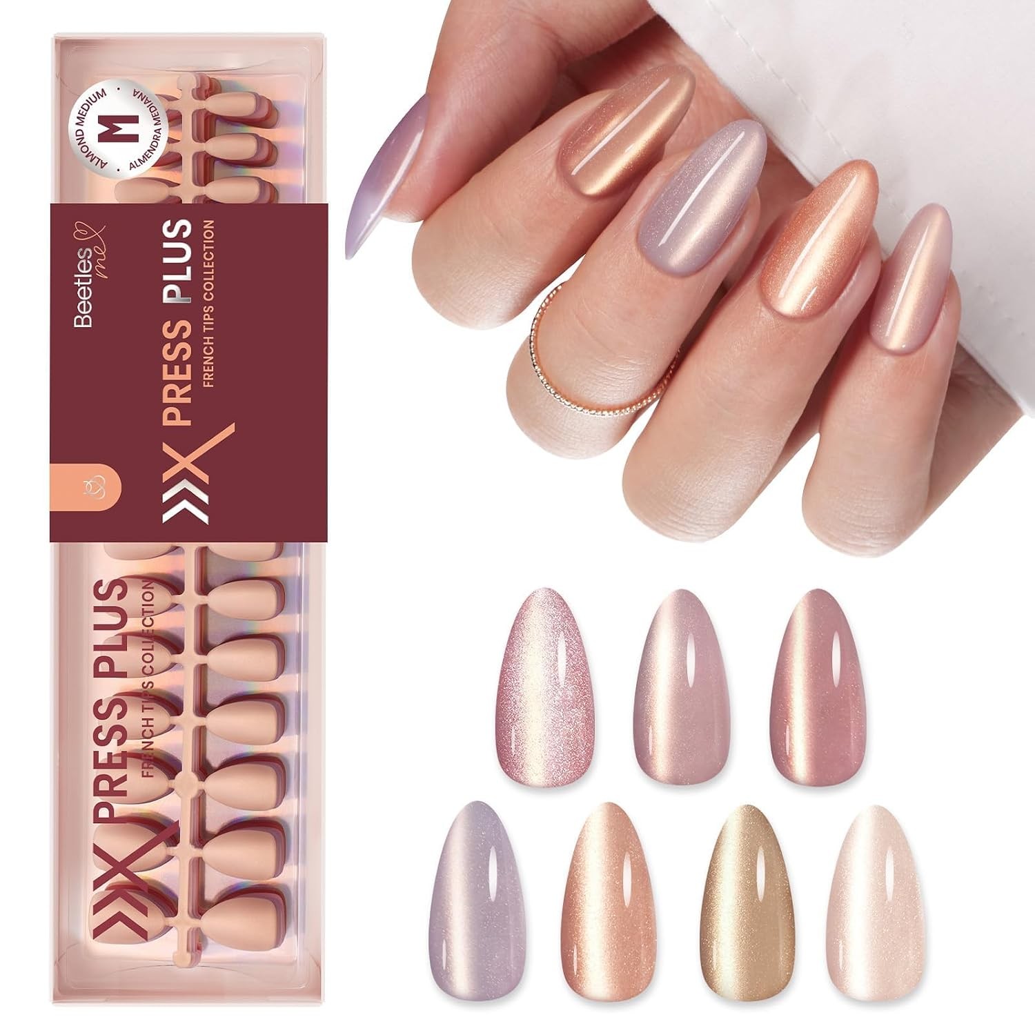 Nude Glitter Cat Eye Almond Reusable Press On Nails