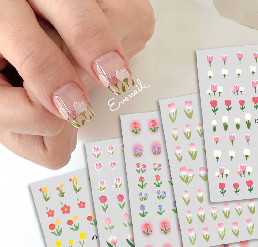 Colorful Florals Tulip Flower 3D Nail Art Sticker Elegant Pink Nail Decal NS35