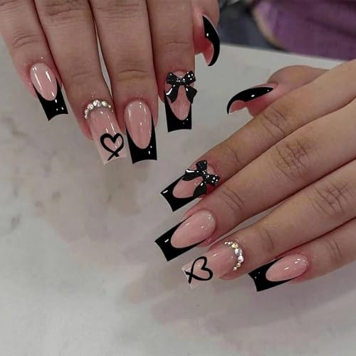 Black French Tip Press on Nails Medium Square Fake Nails Style11 Designs-11