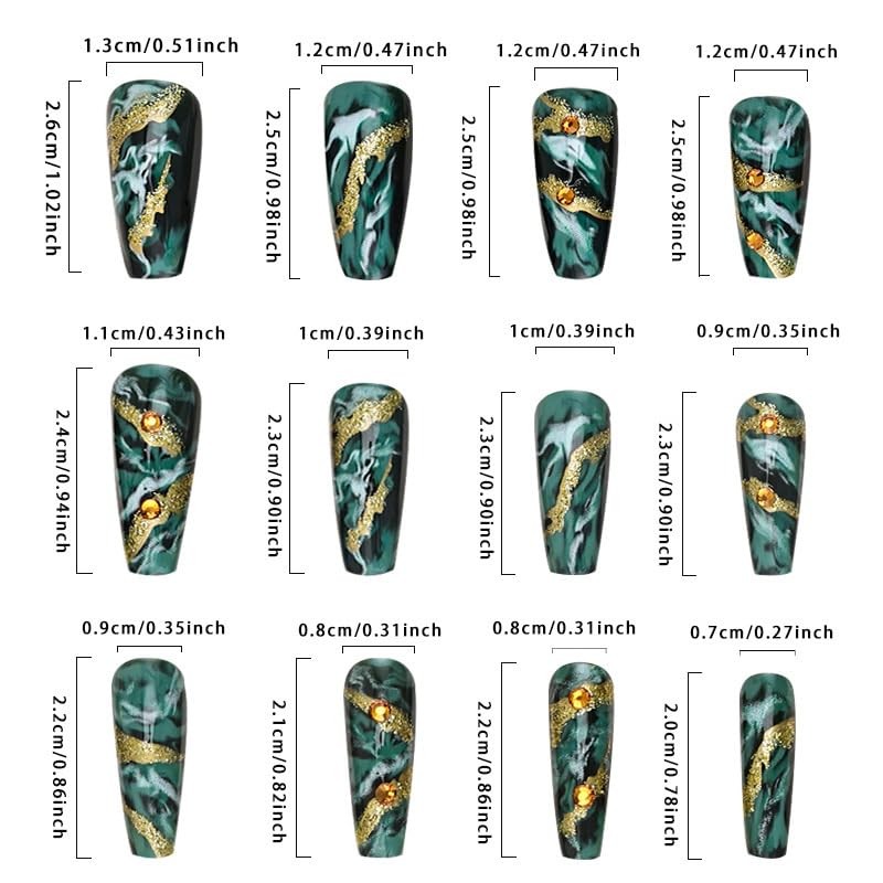 Green Press on Nails Medium Coffin Fake Nails Dark Green Marble False Nails Gold