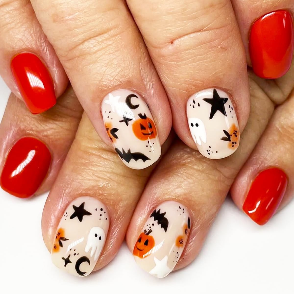 24 Pcs Halloween Press on Nails Short Square – Fake Nails Orange French Cute …