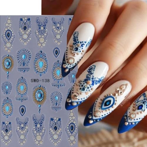6 Sheets Bohemian People Nail Art Stickers 3D Self Colorful Plaid Flower