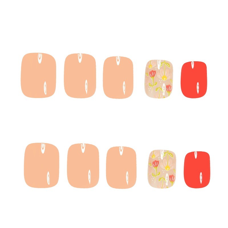 48pcs-Short Oval Press on Nails, Nude Pink with Hand-Painted Flower False Nails