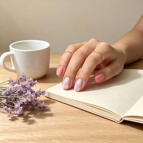 Pink Press on Nails – Short Square Floral Designs – 24 Pcs – Easy to Use