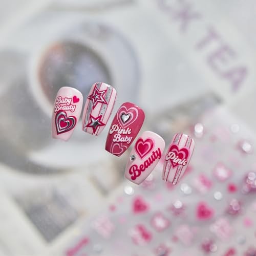 5D Embossed Pink Star Nail Stickers – Y2K Design Self-Adhesive Heart 1 Mh31