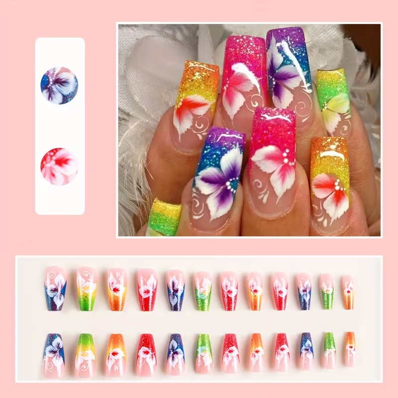 24pcs Long Ballerina Shape Press On Nails, Fake Nail With Colorful Flower