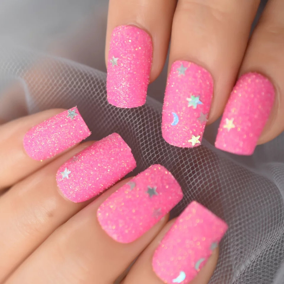 24 Medium Press on Nails kit glue on hot pink glitter square kawaii
