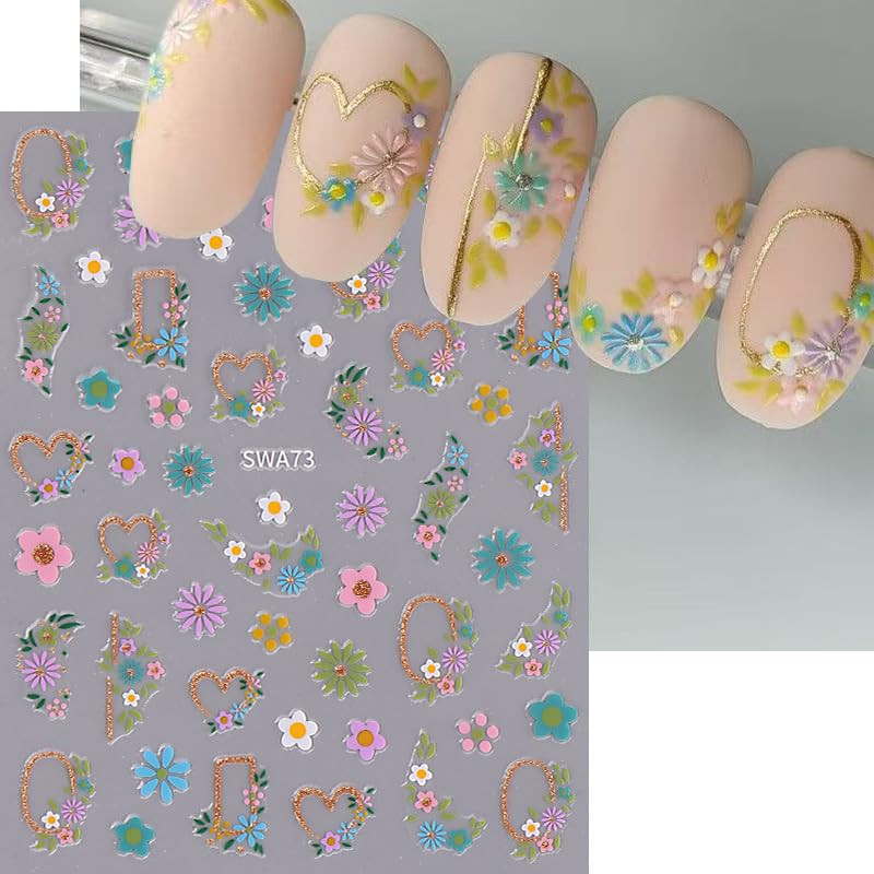 5 Sheets Flower Nail Art Stickers 3D Self Adhesive Daisy for Nails Spring