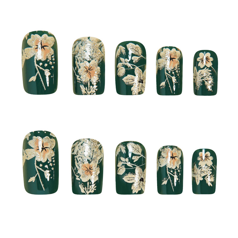48P Long Coffin Press on Nails, Dark Green Gold Foil Floral Luxury Fake Nails