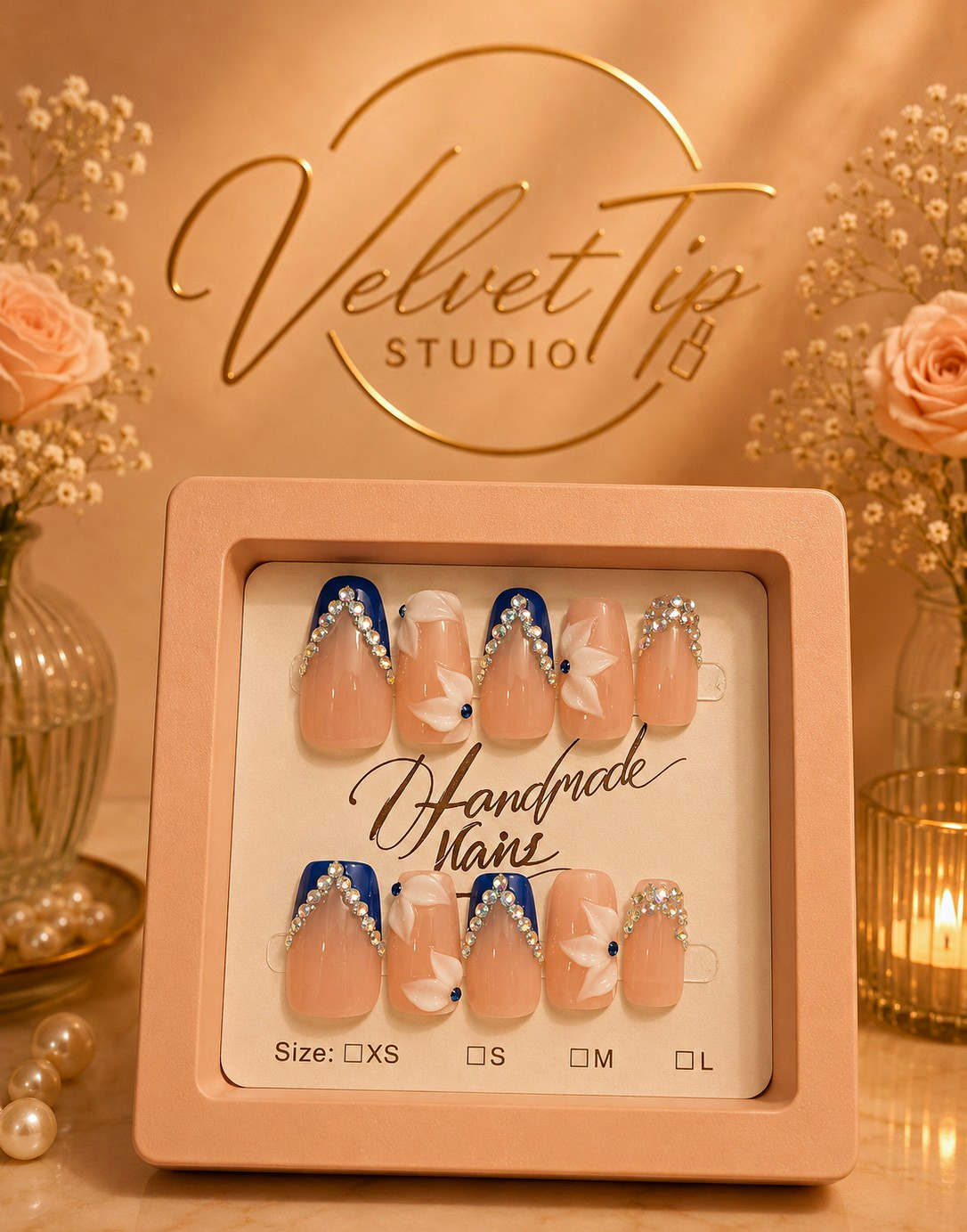 VelvetTip Studio Nude/Blue/White 3D Floral Square Handmade Press-On Nails