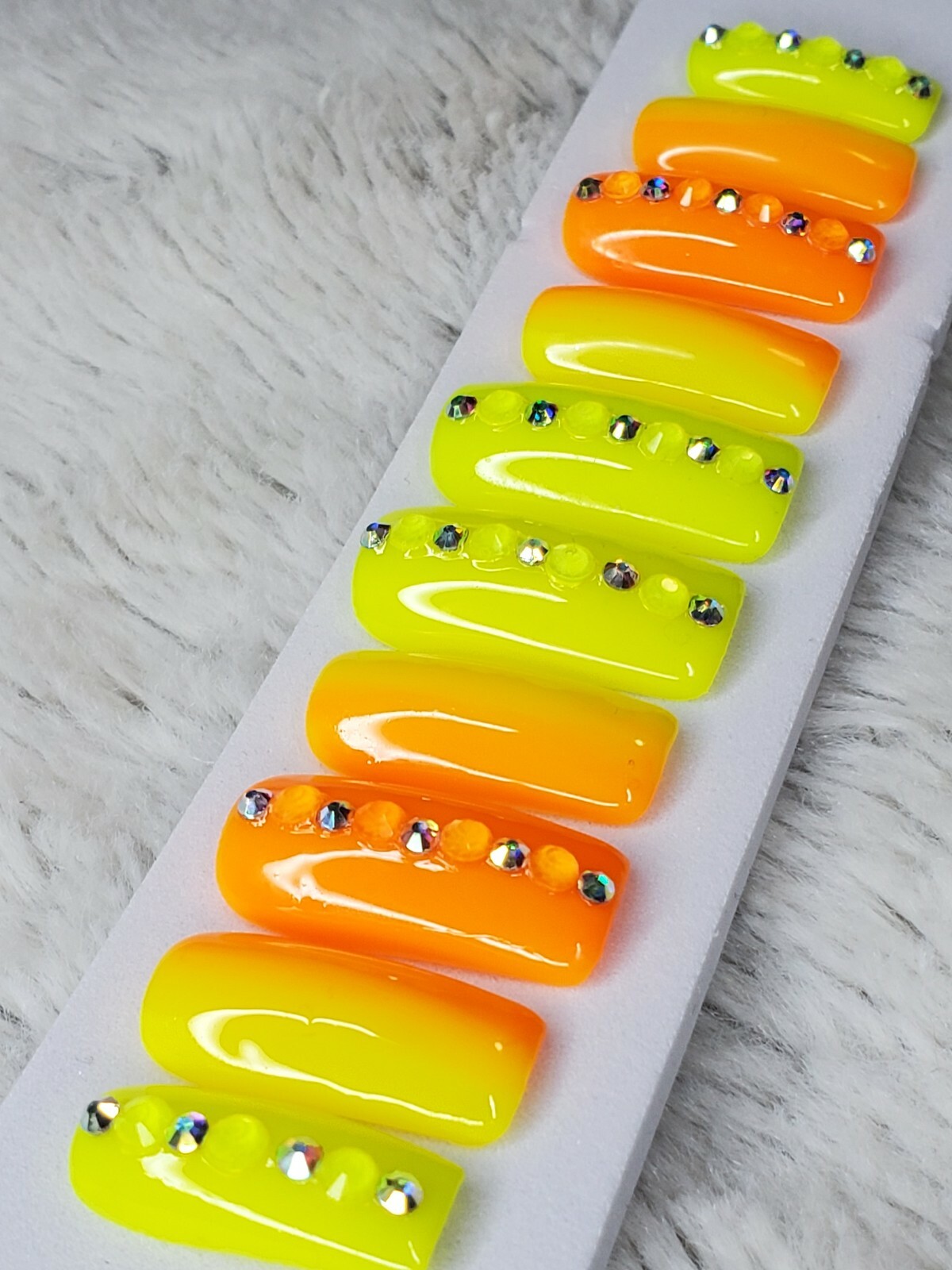 Neon Rainbow ombre bling w/crystals Gel Press On nails square orange yellow