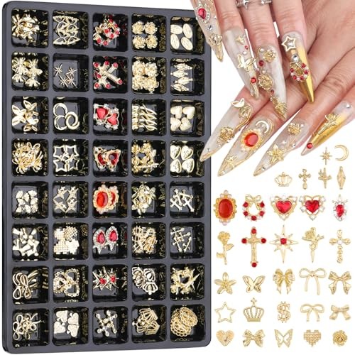 144Pcs Nail Charms and Gems, 3D Metal Heart Star Cross Red Nail Gold