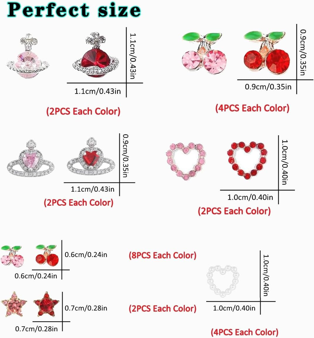 45 Pcs Cherry Nail Charms Rhinestone Red Pink Cherries Nail Art Gems Star Heart