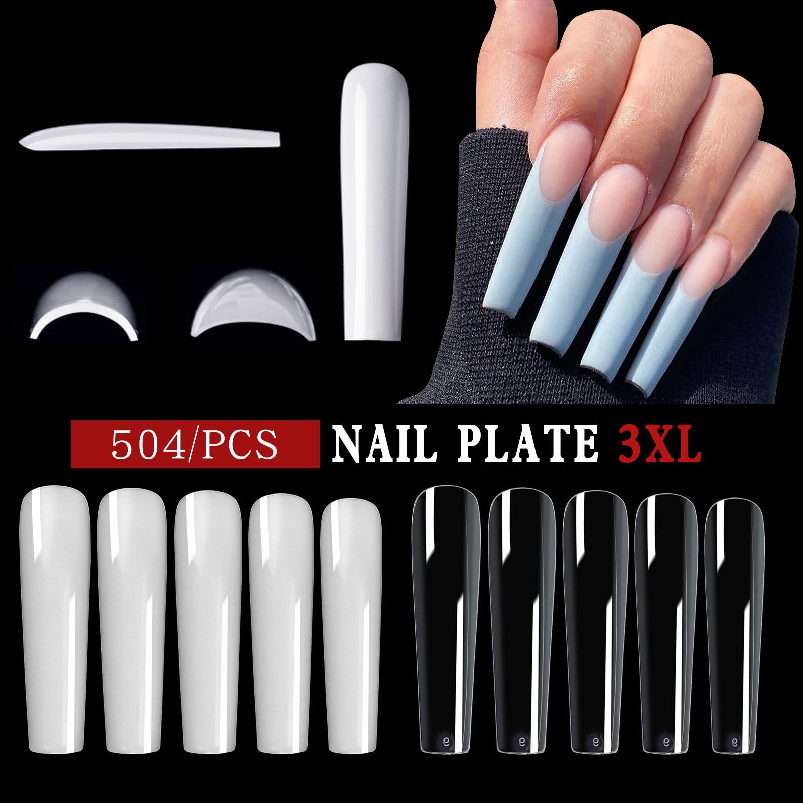 504Pcs 3XL Ballerina False Nail Tips Acrylic Full Cover Fake Nails Clear Natural