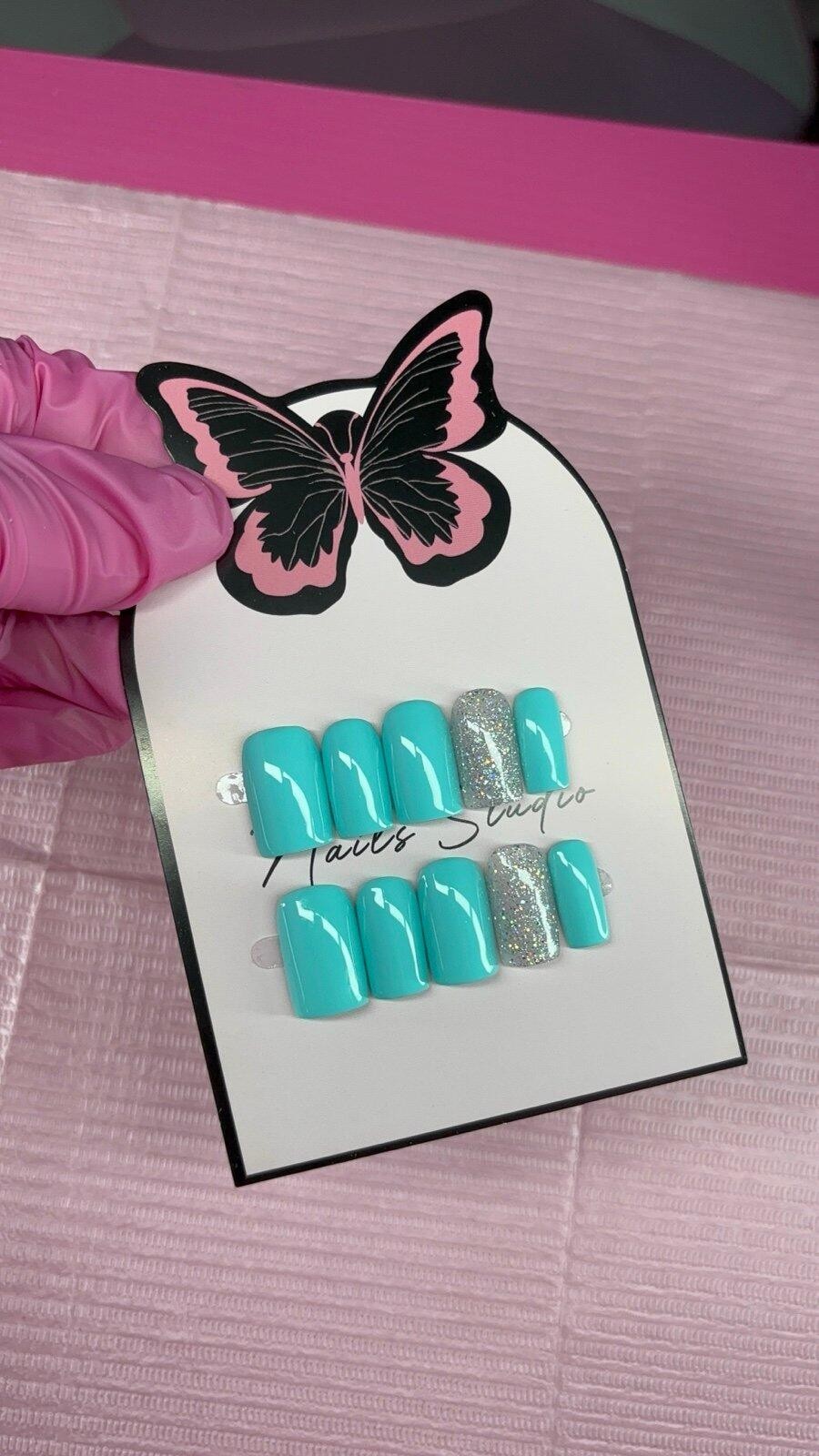 Short square Press on nails silver glitter teal light blue handmade custom gel