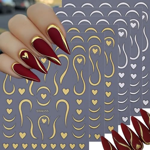 3D Bronzing Silver Heart Nail Decals Valentine Nail Art Stickers Decals Style-6