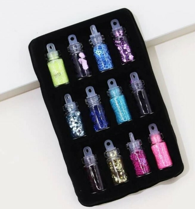 12 Mix Color Loose Glitter & sequins Eye / nails Makeup mini glass bottle Set