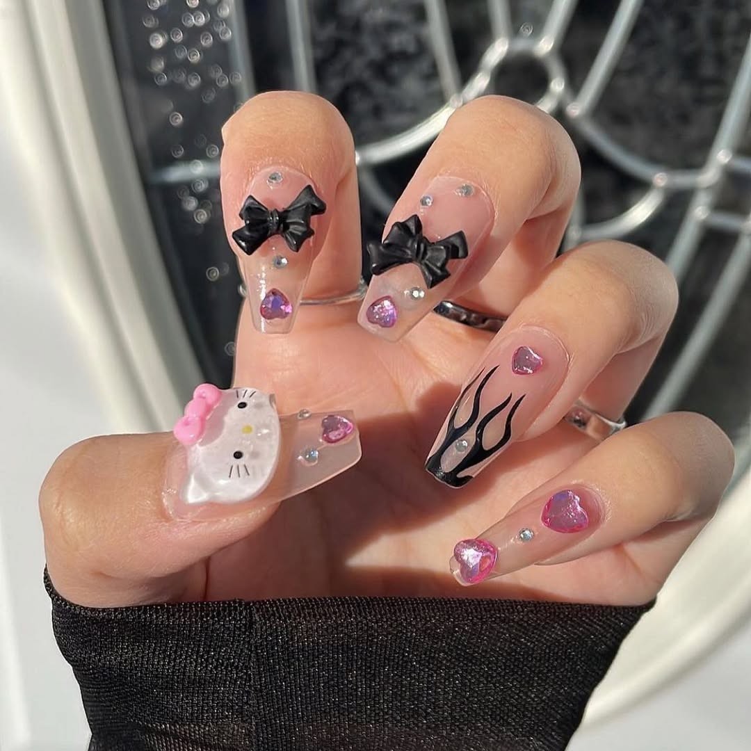 Hello Kitty 3D Cute Press On Nails 24pcs All Sizes Included Coffin Style
