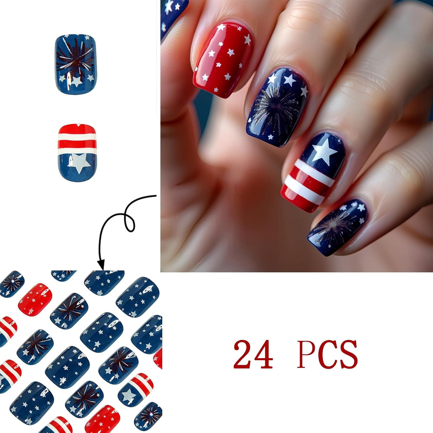 24Pcs Independence Day Fireworks Press on Nails Short Square Stripes Five-Pointe