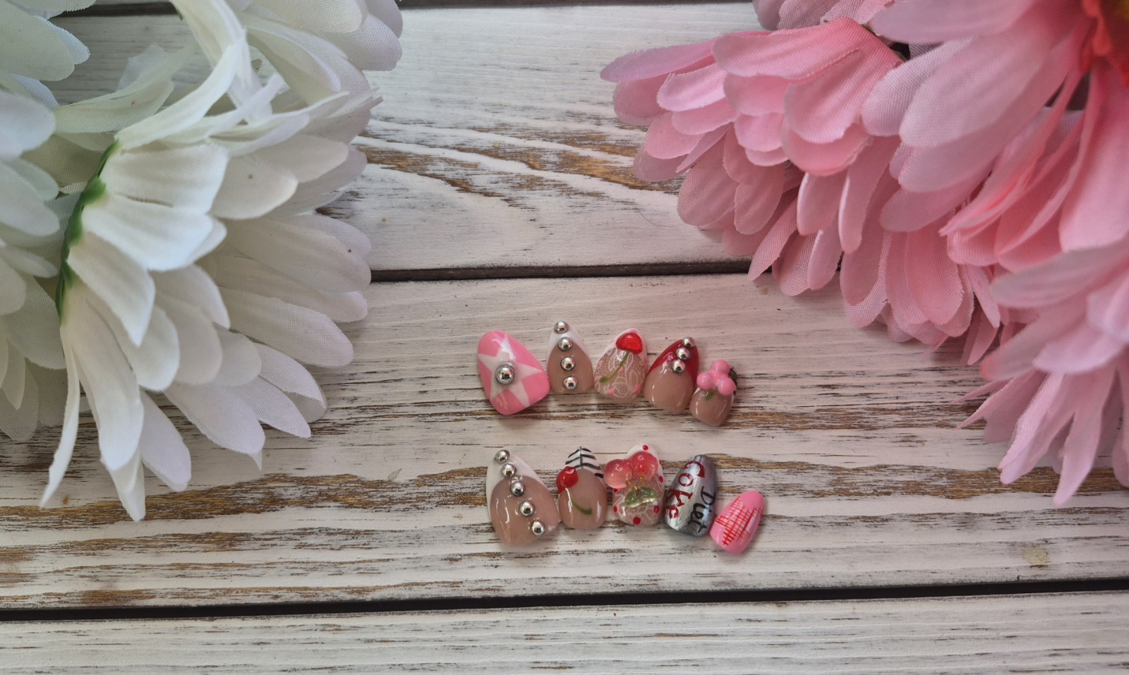 3D Shiny Flower Press-On Nails Nude Pink Yellow Long Stiletto Full Cover Set