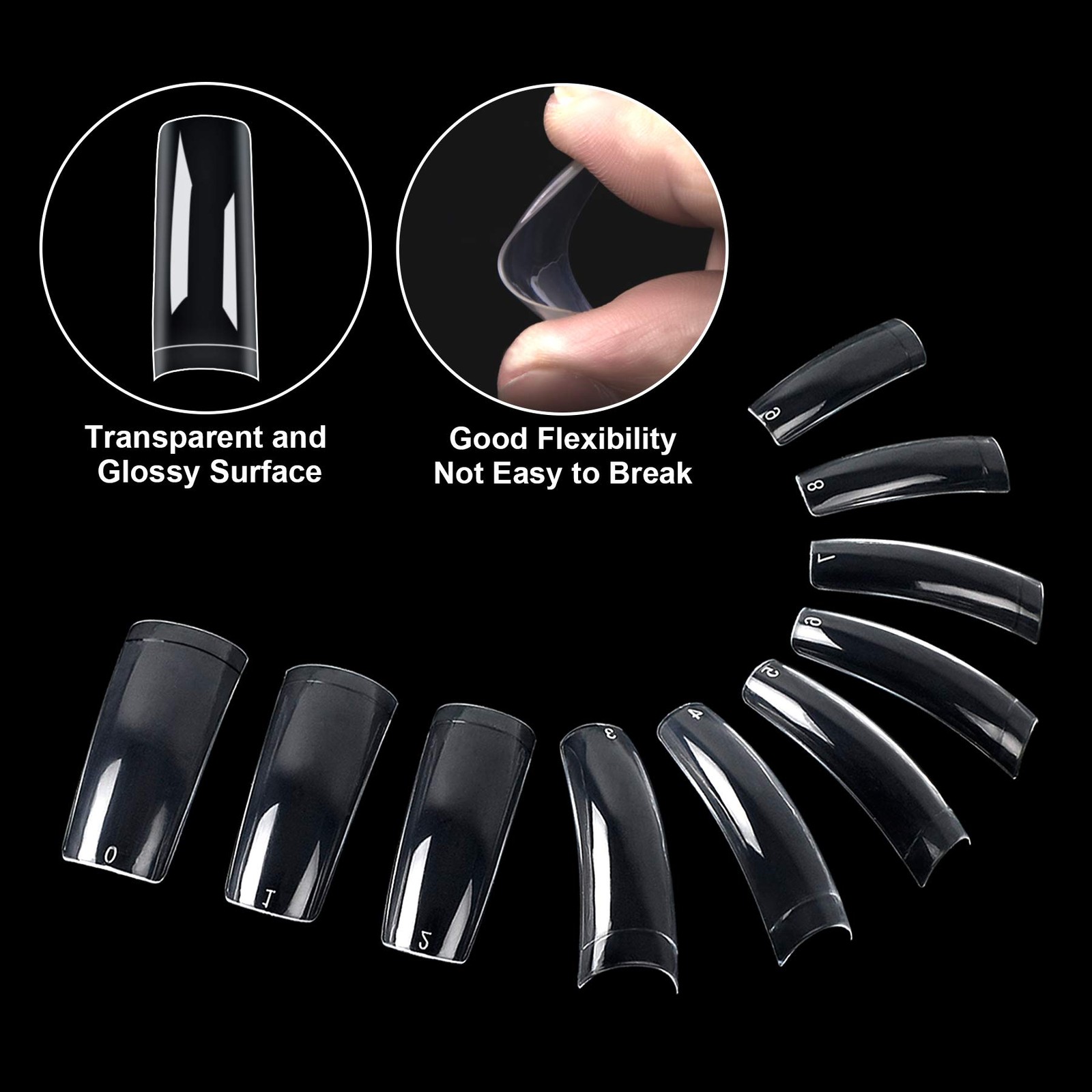1000PCS Nail Tips Acrylic Nails 10 sizes 1000 Piece Assortment, Transparent