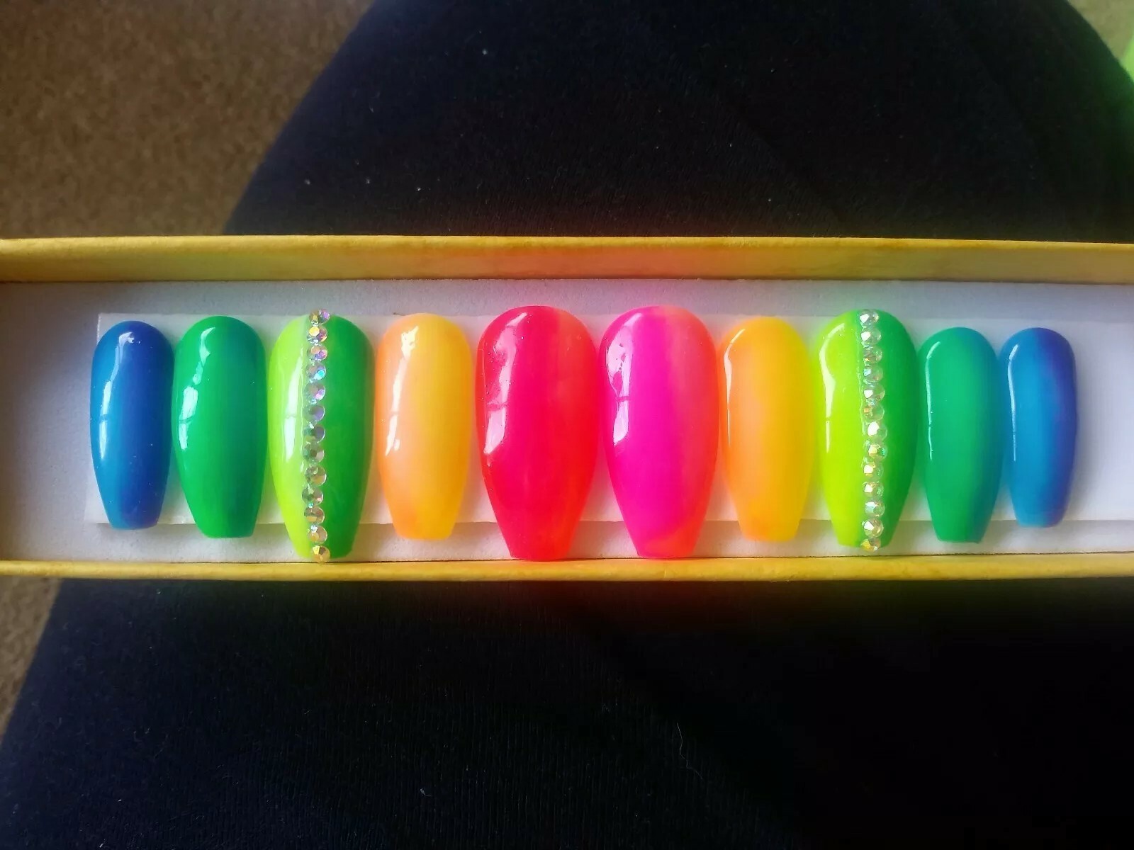 Neon Rainbow ombre gel nails bling long coffin PRESS ON NAILS
