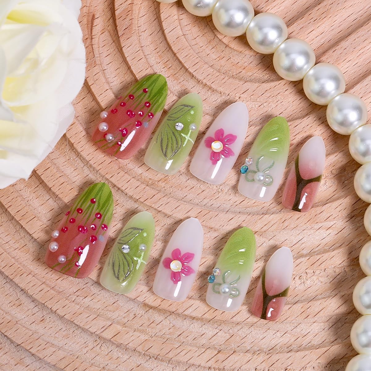 30Pcs 3D Flower Press-on Nails Medium Almond Acrylic False Nails with Bow Pea…