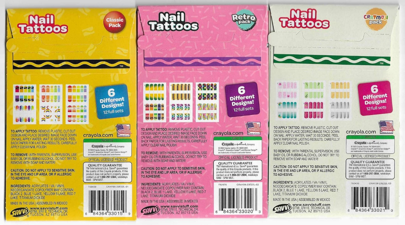(3) Crayola Nail Tattoos – Classic – Retro – Craymoji – Total 18 Designs/360 Ct