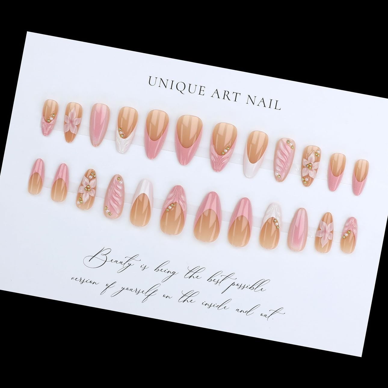 LPOODDNU Press on Nails Medium, pink french tip flower
